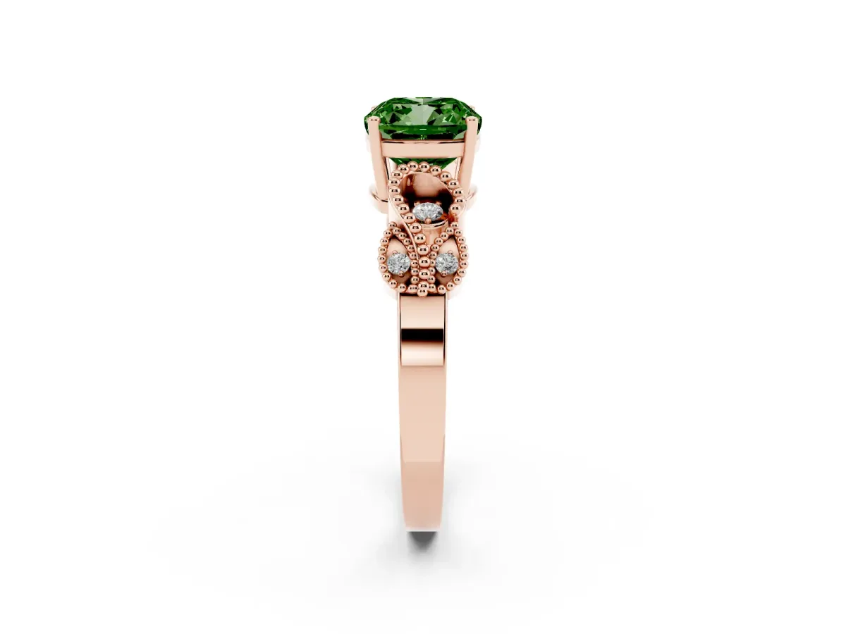 Fancy Green Cushion Cut Solitaire Milgrain Leaf Band with Prong Setting Rose gold