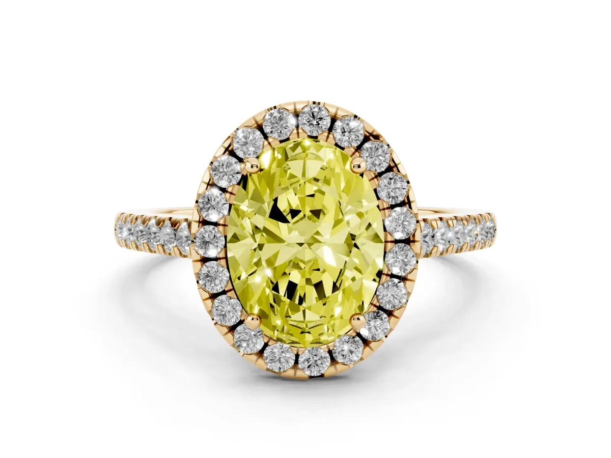 Fancy Yellow Oval Cut Halo Pavé Diamond Engagement Ring with Four-Prong Setting Yellow gold