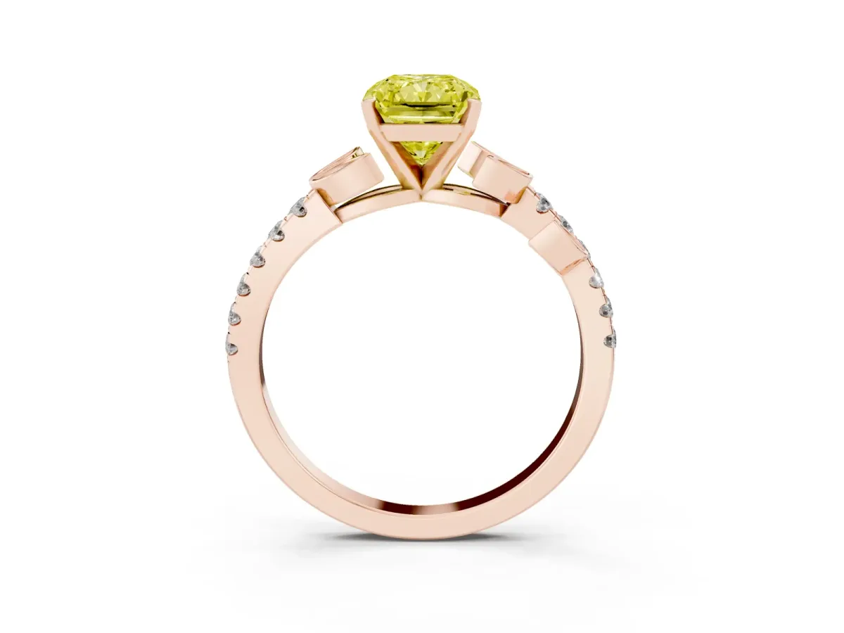 Fancy Yellow Radiant Cut Solitaire Leaf-Inspired Diamond Ring with Pavé Band and Four-Prong Setting Rose gold