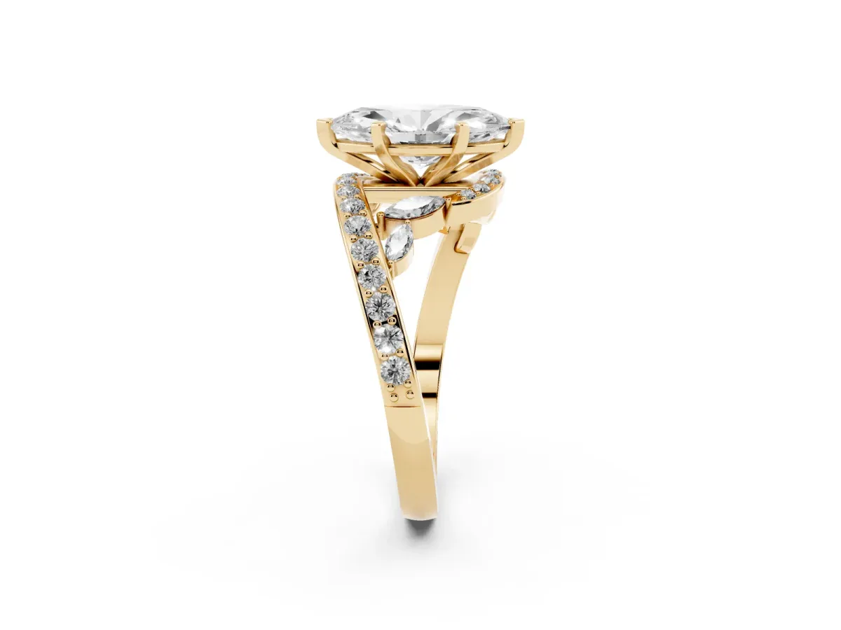 Marquise Cut Solitaire with Pavé Twist Band and Four-Prong Setting Yellow gold