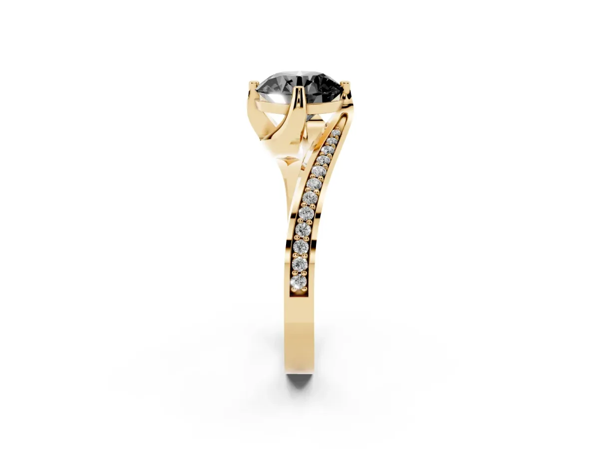 Fancy Black Round Cut Solitaire Diamond Twist Band with Pavé Setting and Four-Prong Setting Yellow gold
