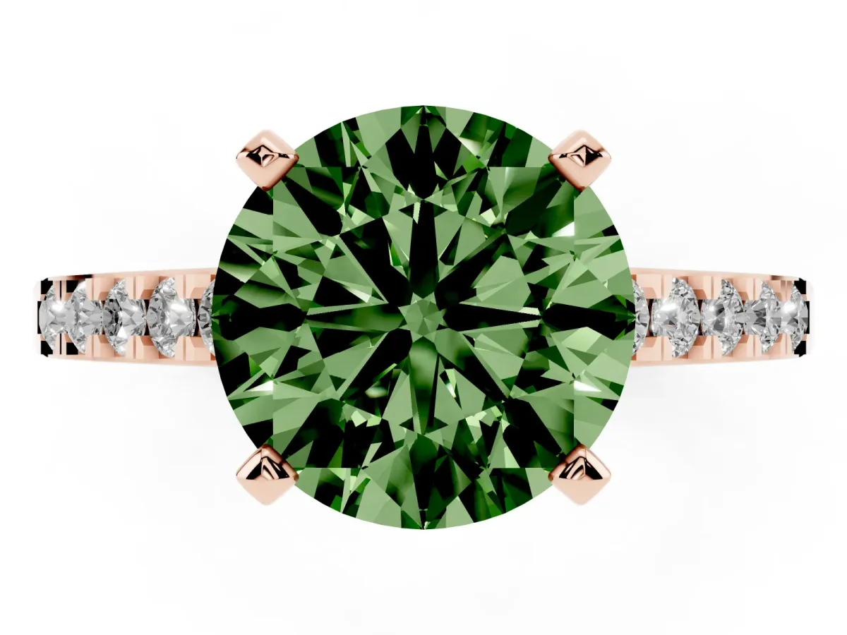 Fancy Green Round Cut Diamond Solitaire Ring with Crossover Gallery and Round Pavé Band Rose gold