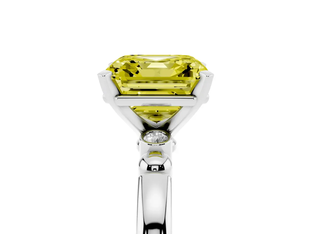 Fancy Yellow Asscher Cut Solitaire Beaded Band with Four-Prong Setting Platinum