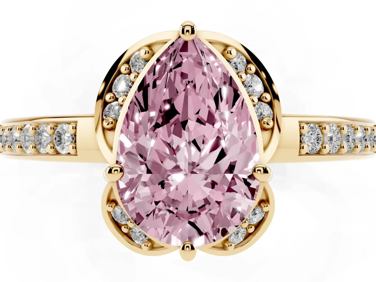 Fancy Pink Pear Cut Cut Halo Diamond Ring with Channel Set Band and Four-Prong Setting Yellow gold