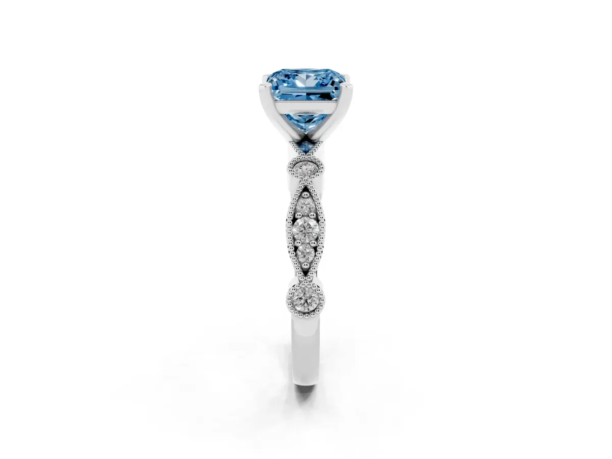 Fancy Blue Princess Cut Milgrain Bezel Diamond Engagement Ring with Solitaire Prong Setting Silver