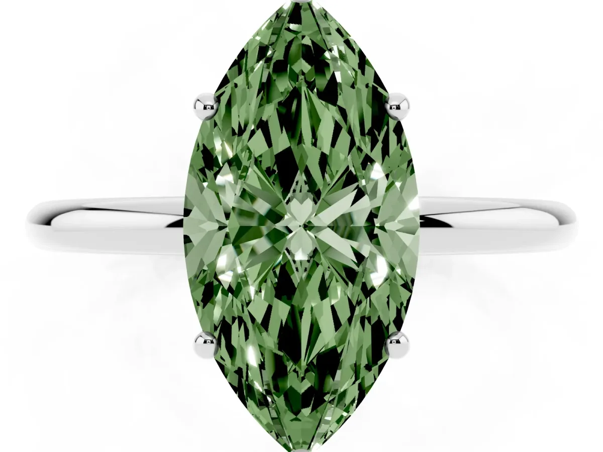 Fancy Green Marquise Cut Solitaire Diamond Ring with a Classic Band and Four-Prong Setting Platinum