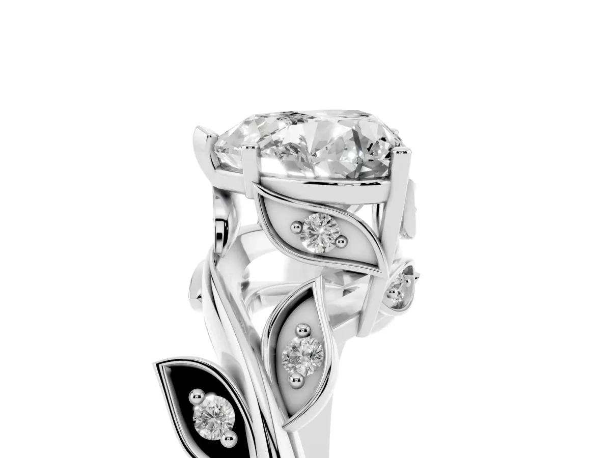 Heart Cut Solitaire Twist Engagement Ring with Leaf Accents and Prong Setting Silver