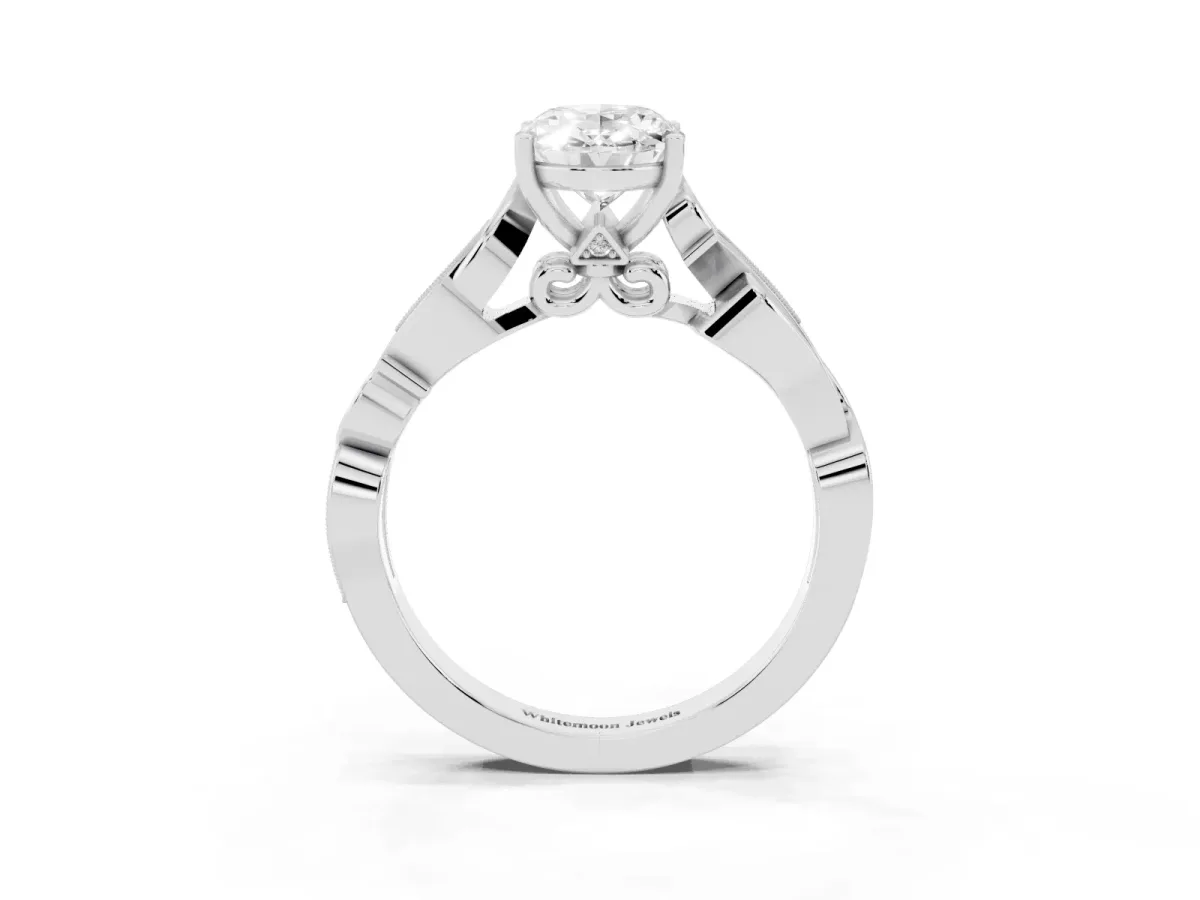 Oval Cut Solitaire Vine Band with Milgrain Prong Setting White gold