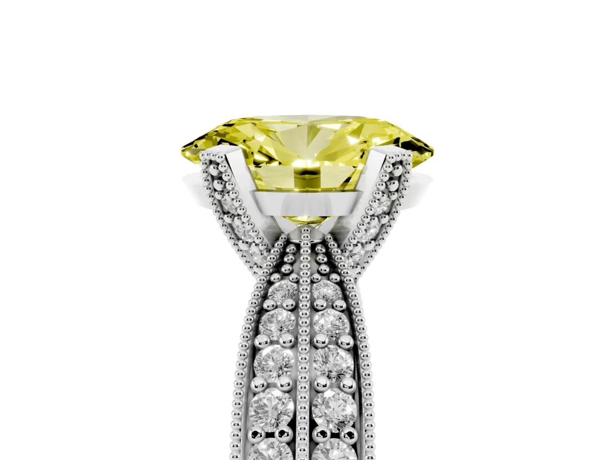 Fancy Yellow Oval Cut Diamond Solitaire Ring with Milgrain Round Pavé Band and Prong Setting Silver