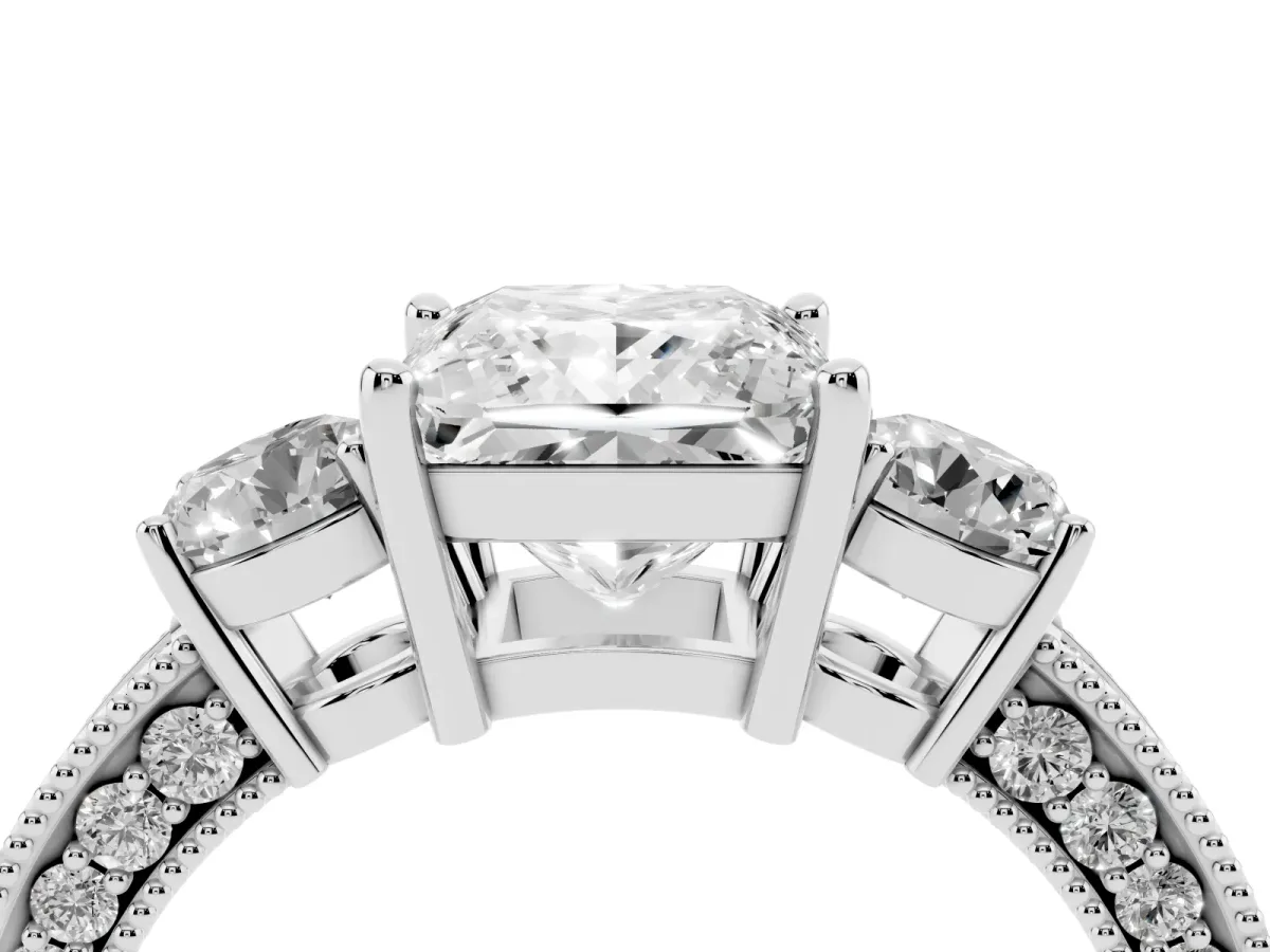 Princess Cut Three-Stone Diamond Ring with Pavé Band and Four-Prong Setting Silver