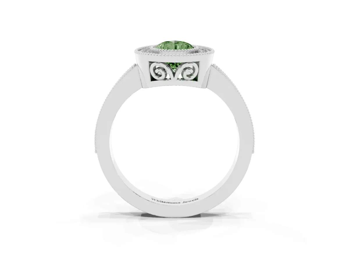 Fancy Green Pear Cut Cut Halo Diamond Ring with Pavé Band and Milgrain Prong Setting Platinum