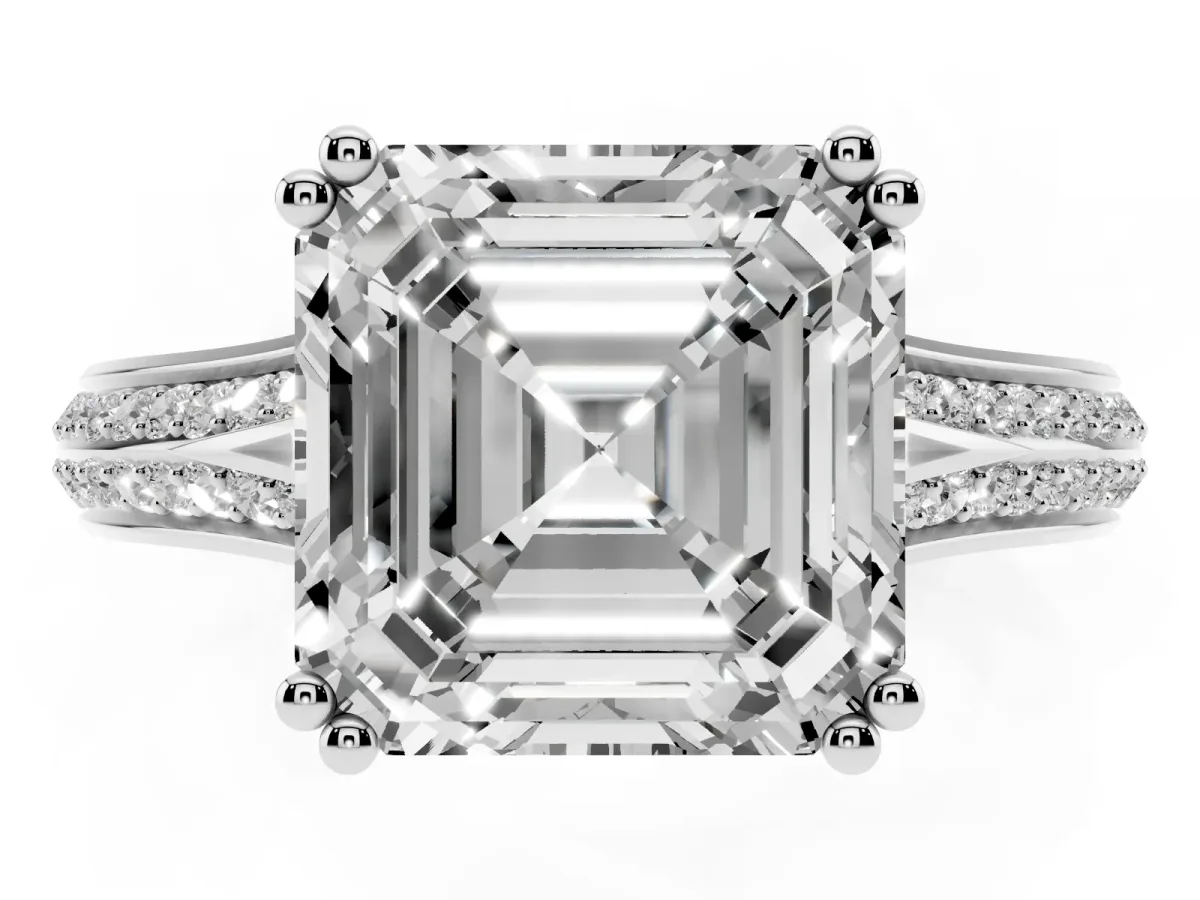 Asscher Cut Diamond Split Shank Engagement Ring with Pavé Band White gold