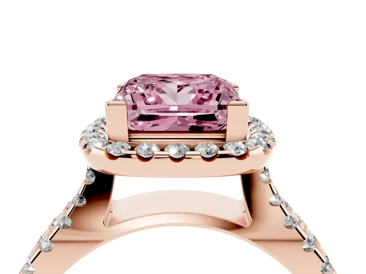 Fancy Pink Princess Cut Diamond Halo Ring with Split Shank Pavé Band and Prong Setting Rose gold