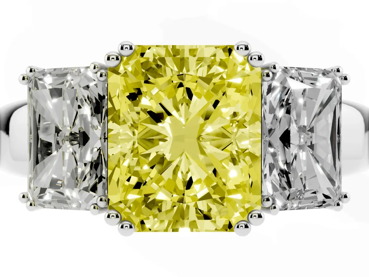 Fancy Yellow Three-Stone Radiant Cut Cut Diamond Ring with Channel Set Band and Four-Prong Setting Platinum