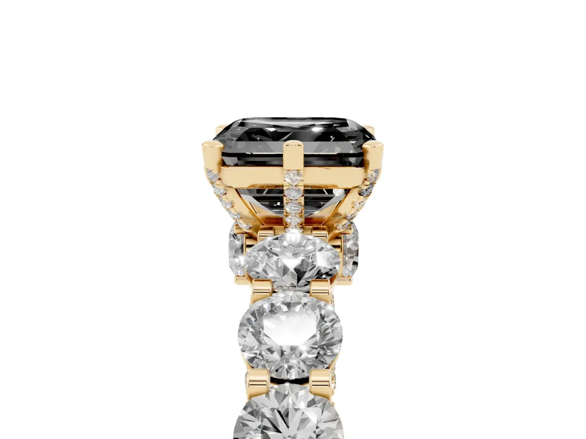 Fancy Black Asscher Cut Diamond Side Stone Engagement Ring with Four-Prong Setting Yellow gold