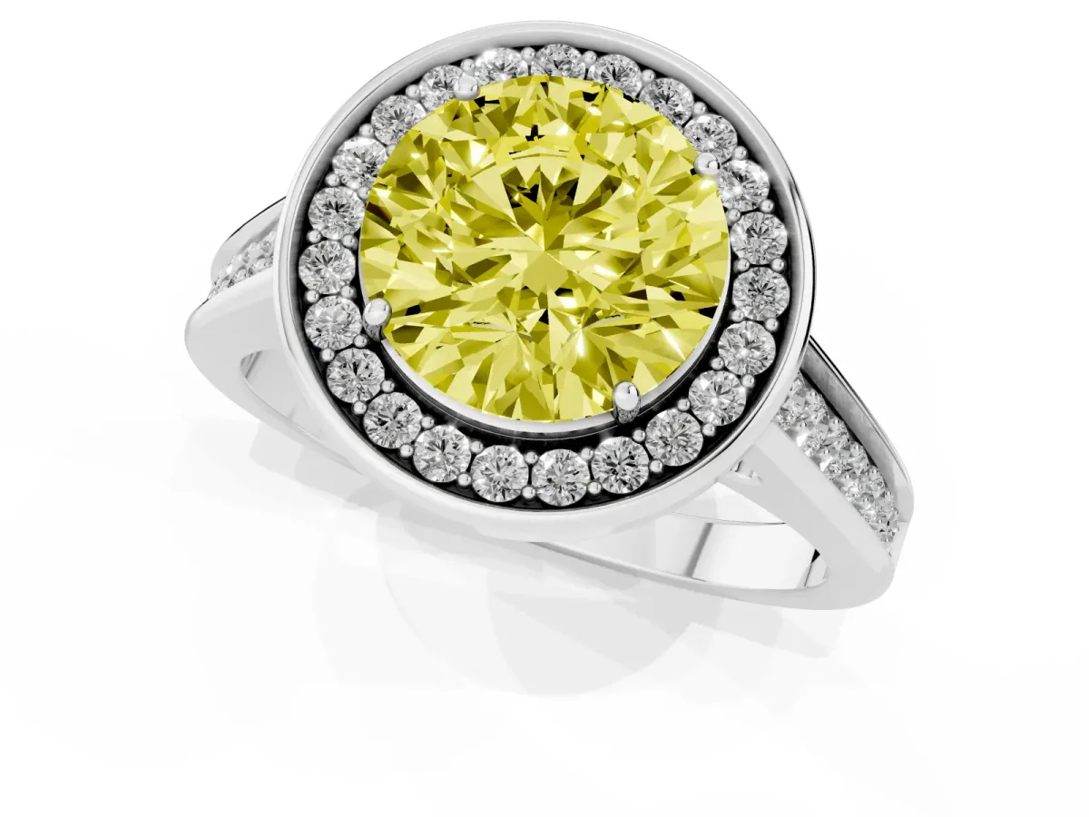 Fancy Yellow Round Cut Halo Solitaire Diamond Ring with Pave Band and Bezel Setting Silver