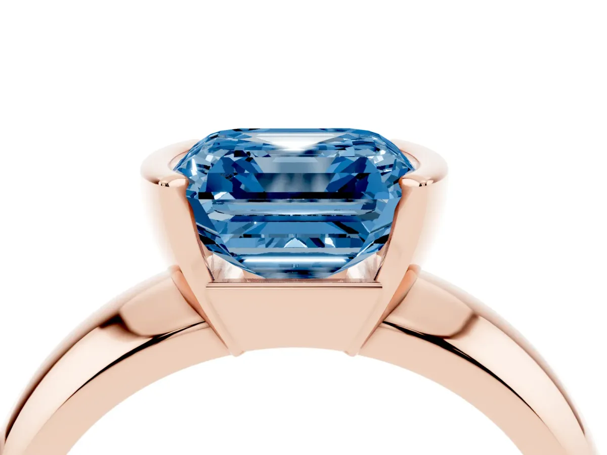 Fancy Blue Asscher Cut Solitaire Tension Set Diamond Ring with Wide Band Rose gold