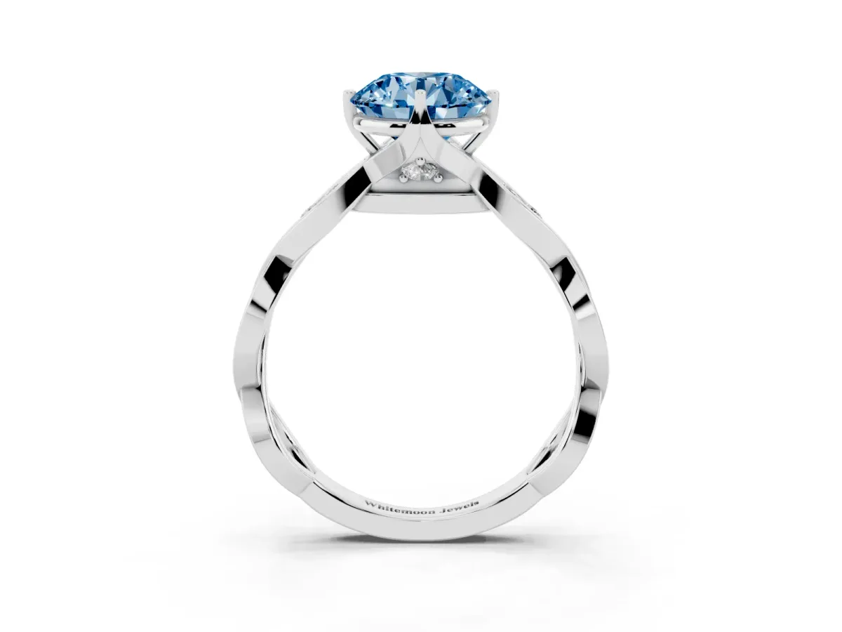 Fancy Blue Round Cut Solitaire Twist Band with Leaf Prong Setting Platinum