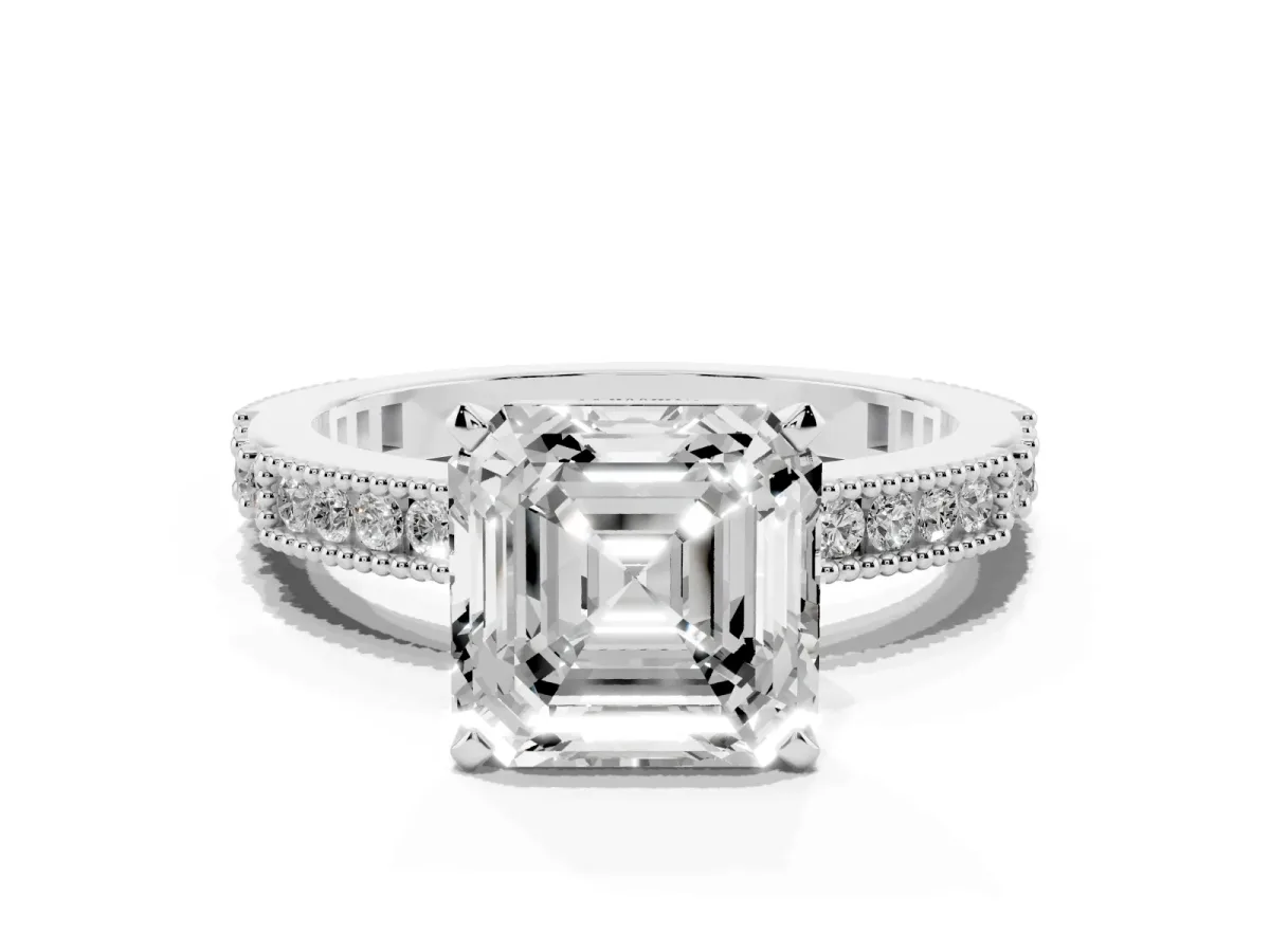 Asscher Cut Solitaire with Pavé Band and Four-Prong Setting Silver