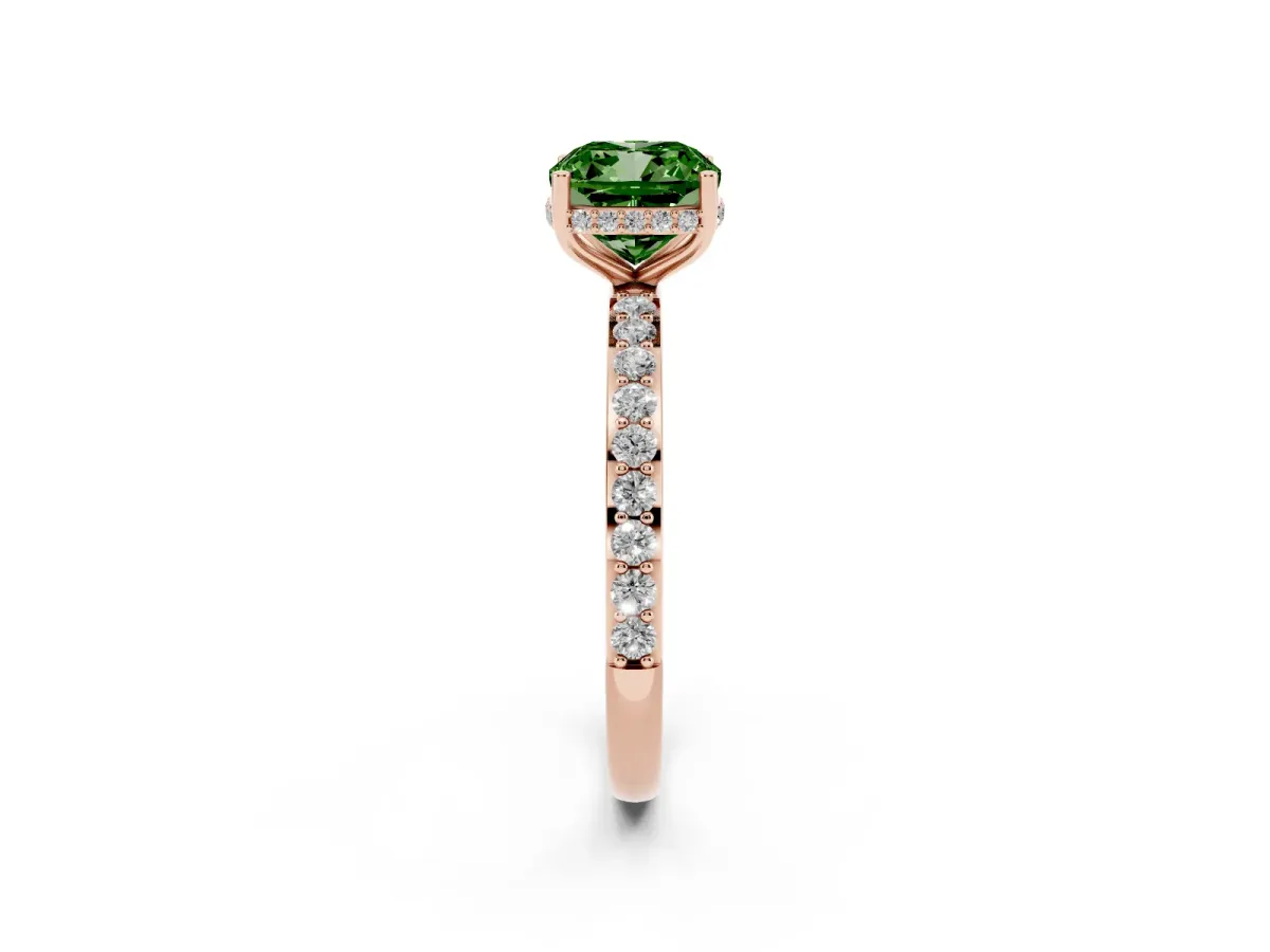 Fancy Green Cushion Cut Diamond Solitaire Ring with Pavé Band and Hidden Halo Rose gold