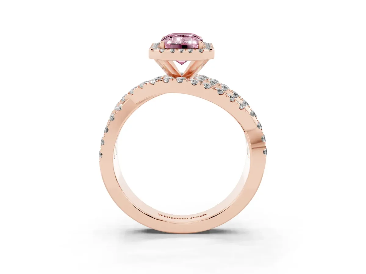 Fancy Pink Emerald Cut Diamond Halo Ring with Round Split Shank and Prong Setting Rose gold