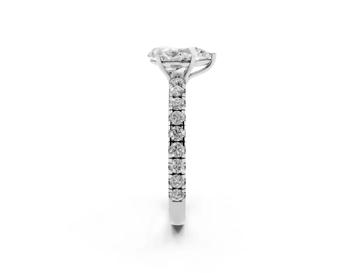 Pear Cut Diamond Pavé Solitaire Engagement Ring with Four-Prong Setting Platinum