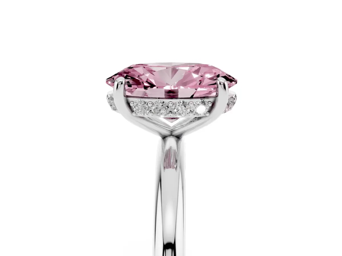 Fancy Pink Oval Cut Solitaire Diamond Ring with a Classic Band and Four-Prong Setting Silver