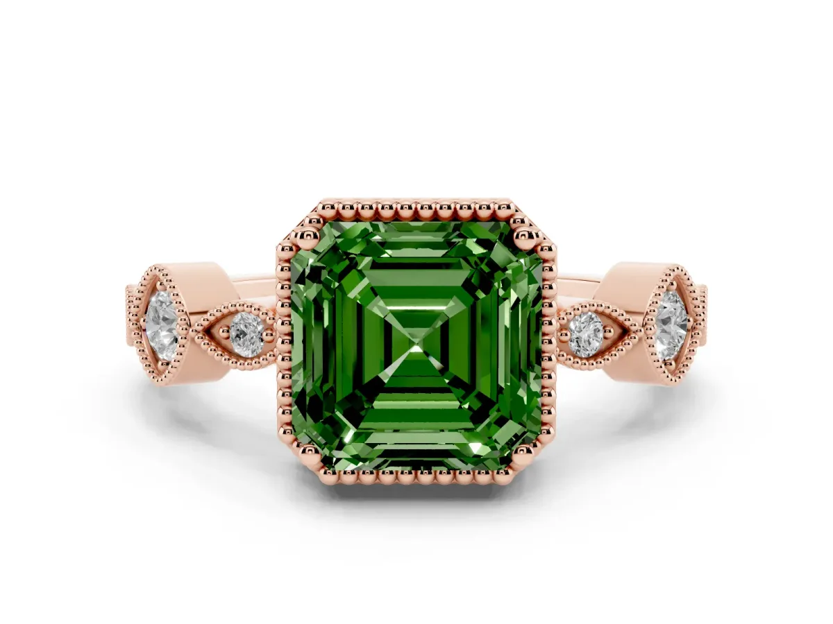 Fancy Green Asscher Cut Diamond Vintage Milgrain Ring with Round Stations Rose gold
