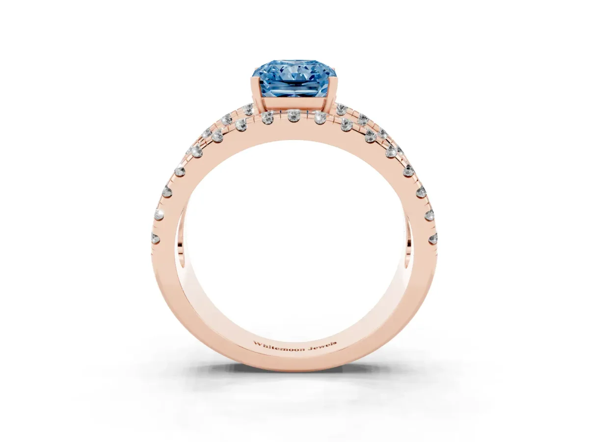 Fancy Blue Radiant Cut Solitaire Split Shank Pave Diamond Ring Rose gold