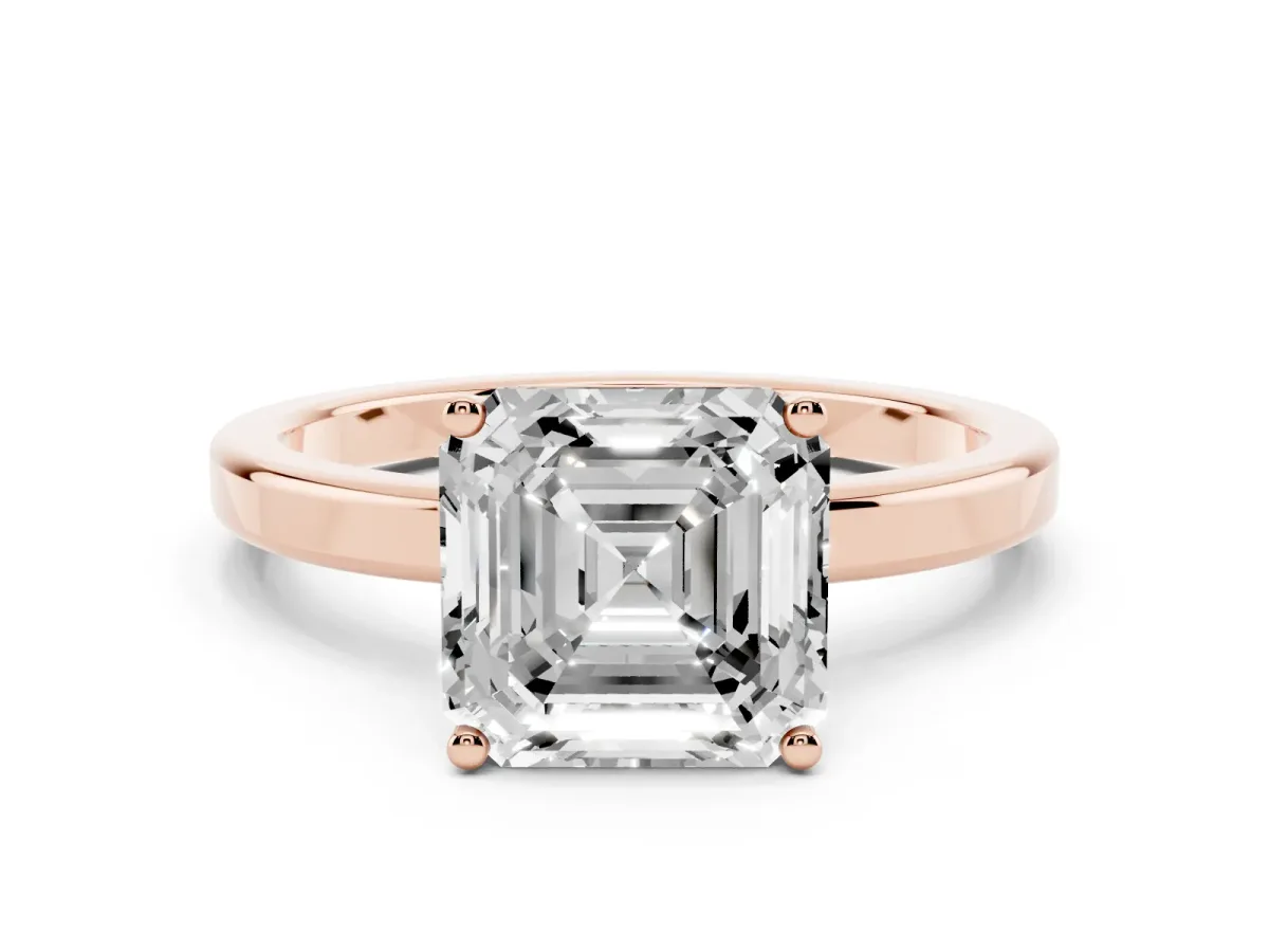 Asscher Cut Cut Solitaire Engagement Ring with Four-Prong Setting on a Classic Band Rose gold