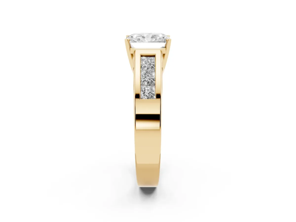 Radiant Cut Cut Channel Set Solitaire Ring with Four-Prong Setting Yellow gold