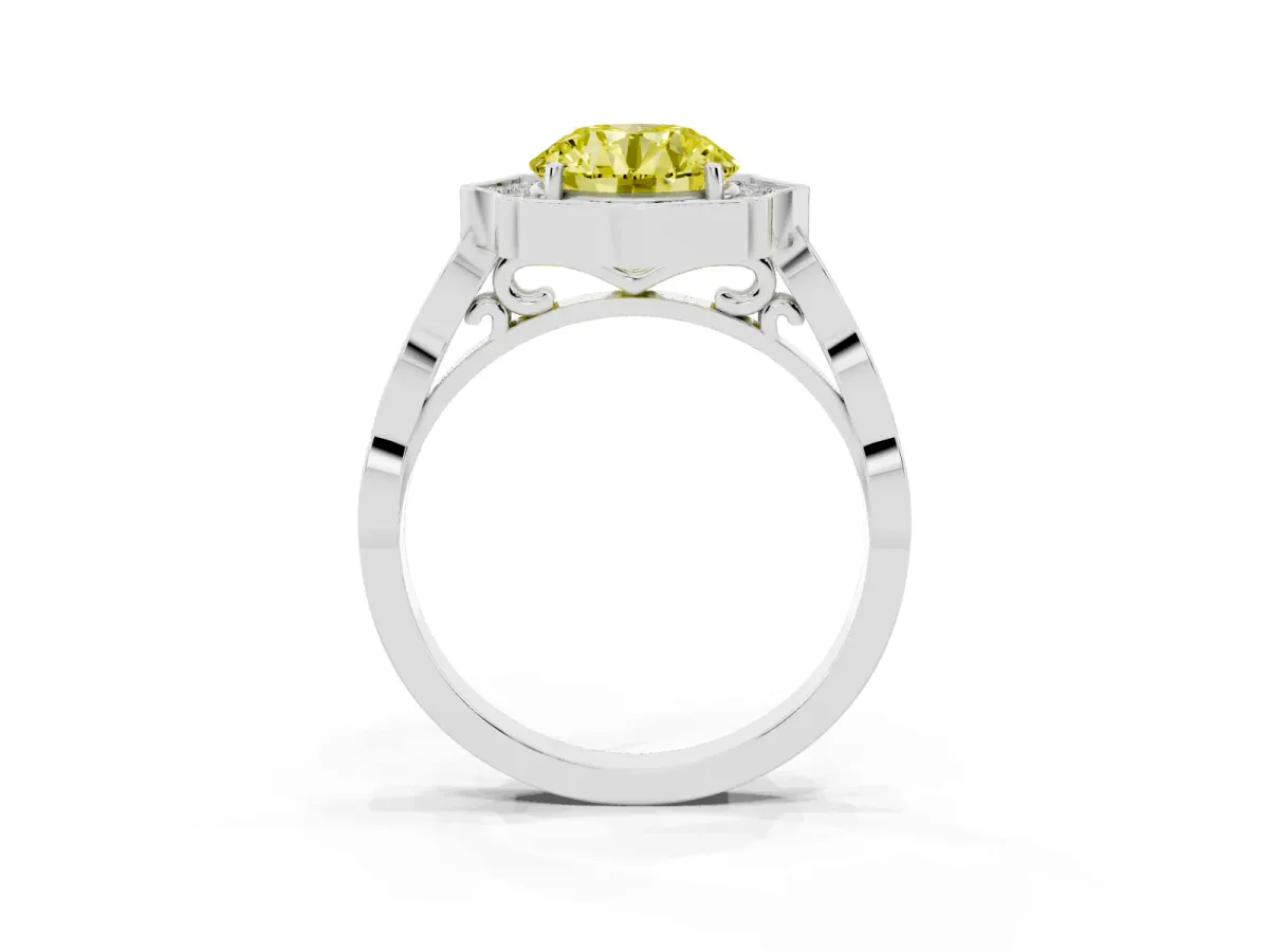 Fancy Yellow Round Cut Halo Diamond Engagement Ring with Milgrain Band and Four-Prong Setting Platinum