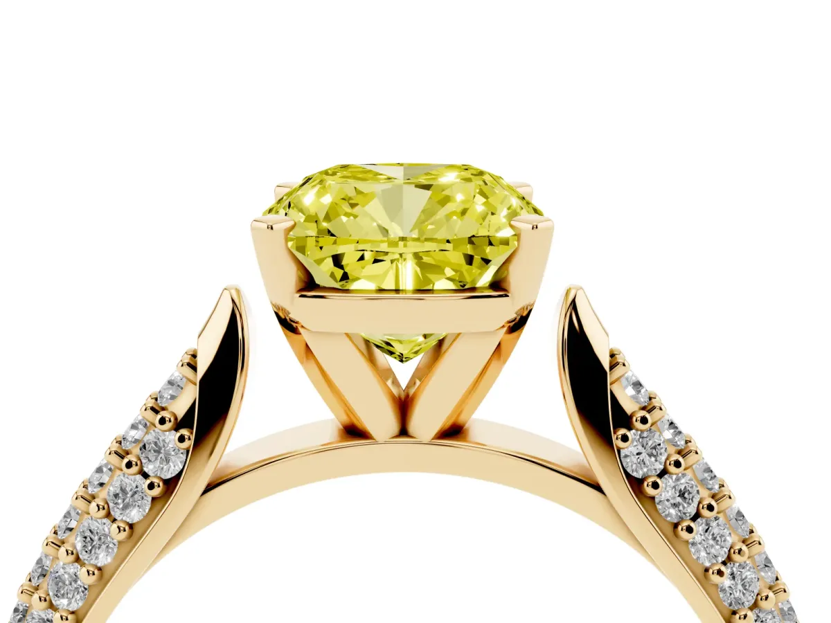 Fancy Yellow Cushion Cut Diamond Solitaire Engagement Ring with Multi-Row Round Pavé Band and Prong Setting Yellow gold