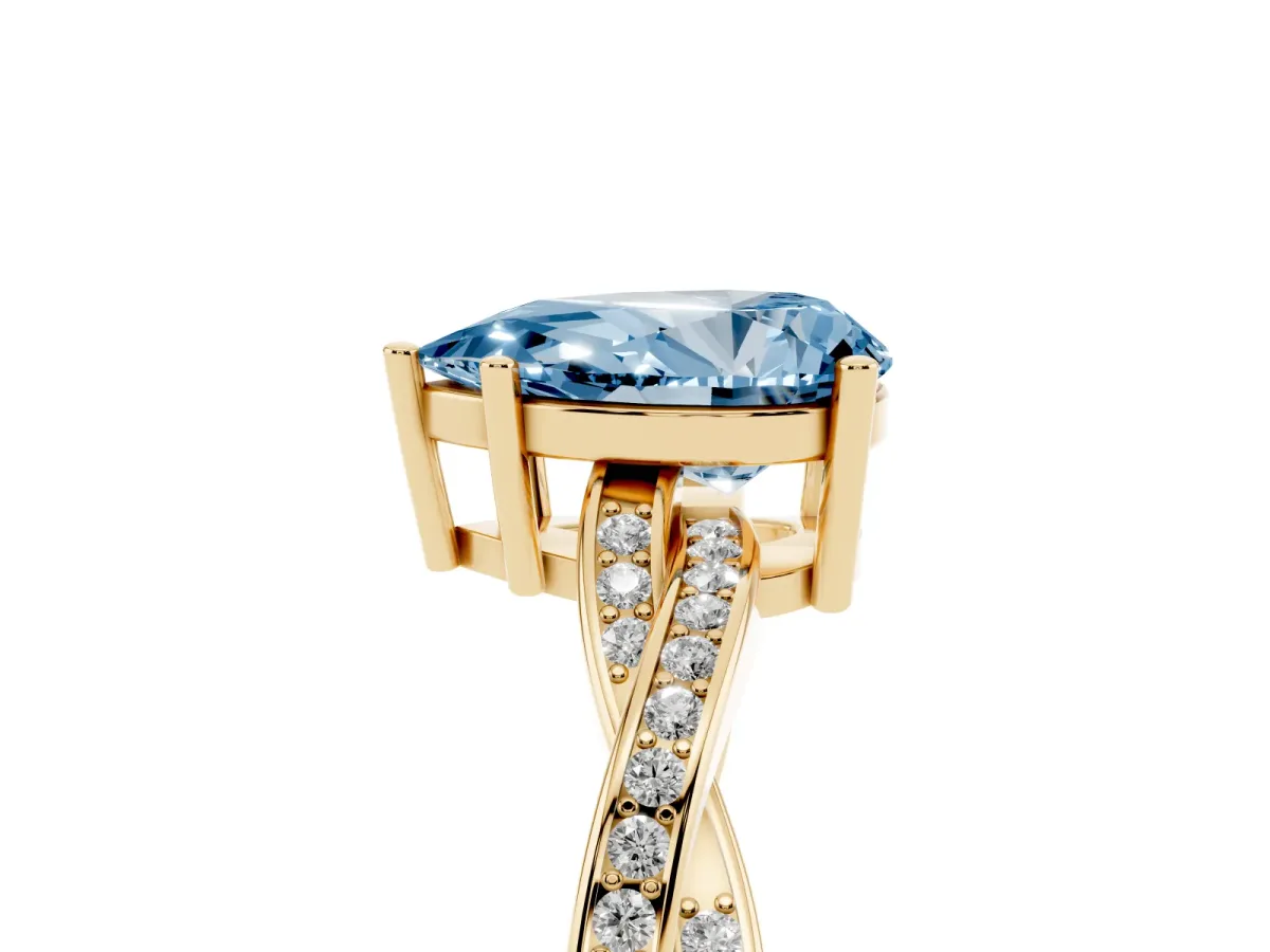 Fancy Blue Pear Cut Solitaire Twisted Pave Diamond Ring with Four-Prong Setting Yellow gold