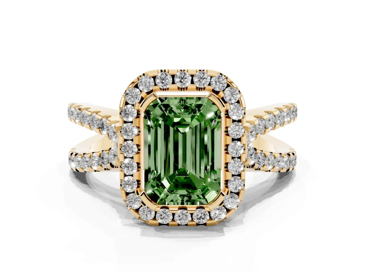 Fancy Green Emerald Cut Diamond Halo Ring with Split Shank Pavé Band and Prong Setting Yellow gold
