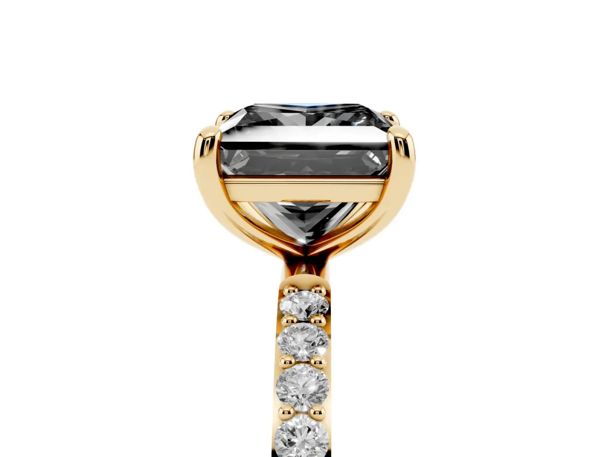 Fancy Black Princess Cut Diamond Solitaire Ring with Round Pavé Band and Prong Setting Yellow gold