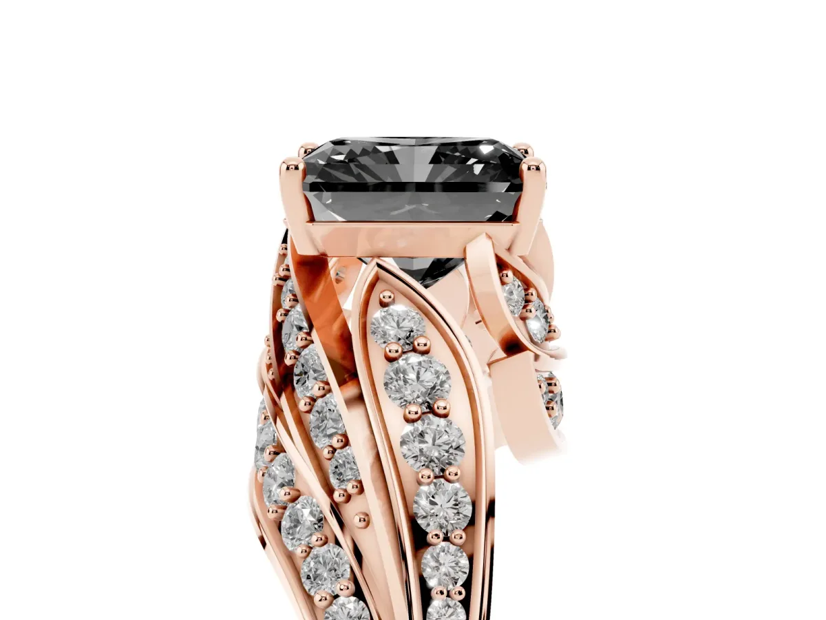 Fancy Black Radiant Cut Diamond Solitaire Ring with Prong Setting and Twisted Pavé Band Rose gold