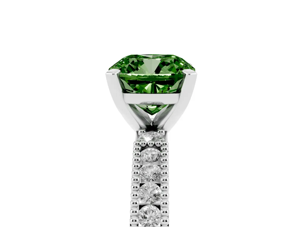 Fancy Green Cushion Cut Solitaire with Pavé Band and Four-Prong Setting Silver