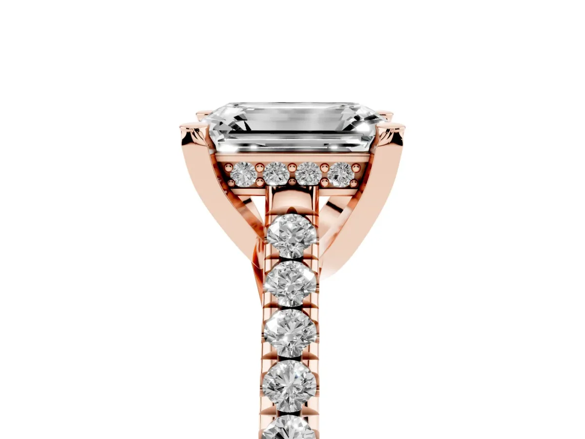 Emerald Cut Brilliant Diamond Solitaire with Pavé Band and Four-Prong Setting Rose gold