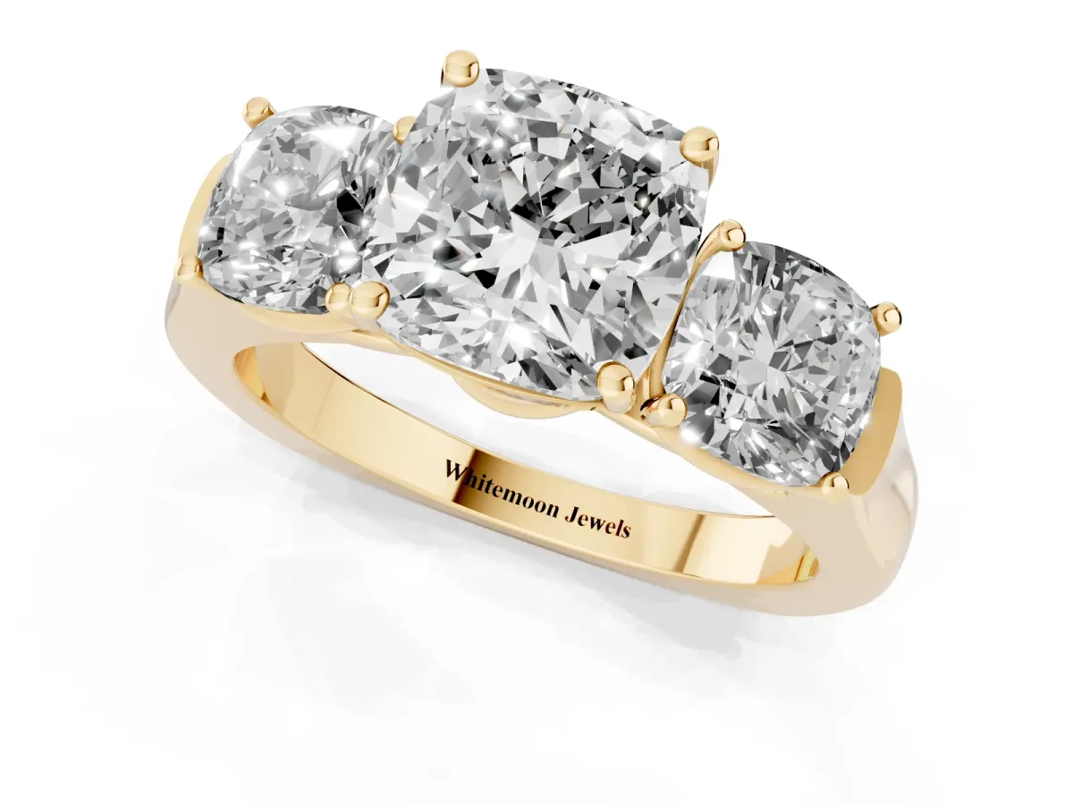 Three-Stone Cushion Cut Brilliant Diamond Trellis Ring with Comfort Fit Band Yellow gold