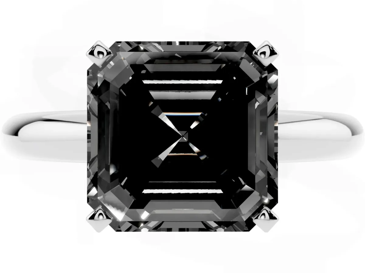 Fancy Black Asscher Cut Diamond Solitaire Engagement Ring with Round Band and Four-Prong Setting Platinum