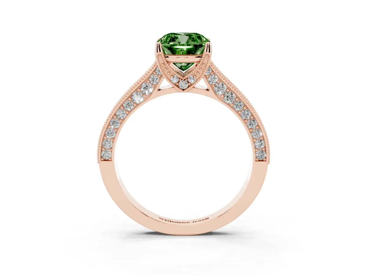 Fancy Green Cushion Cut Cut Diamond Solitaire Ring with Milgrain Pave Band and Four Prong Setting Rose gold