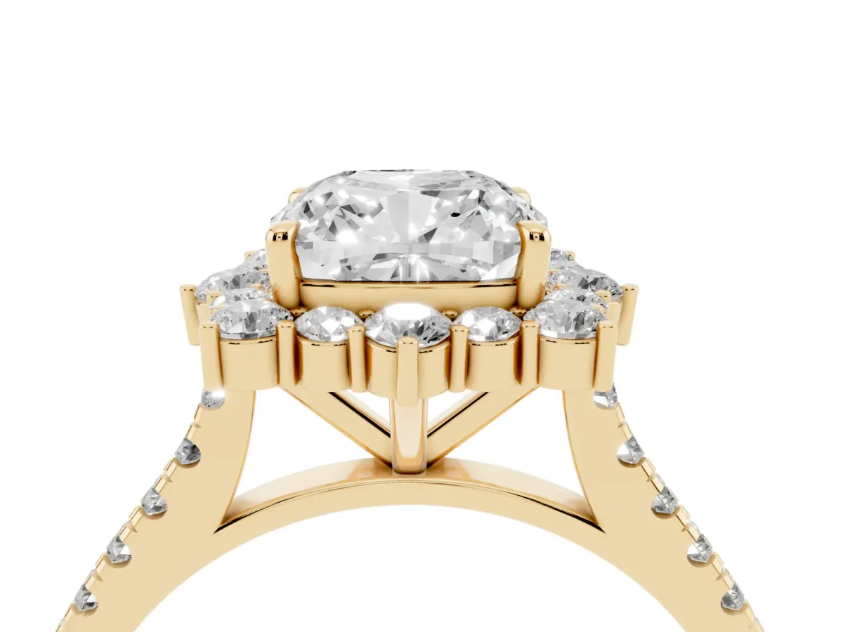 Cushion Cut Halo Diamond Ring with Pavé Band and Prong Setting Yellow gold