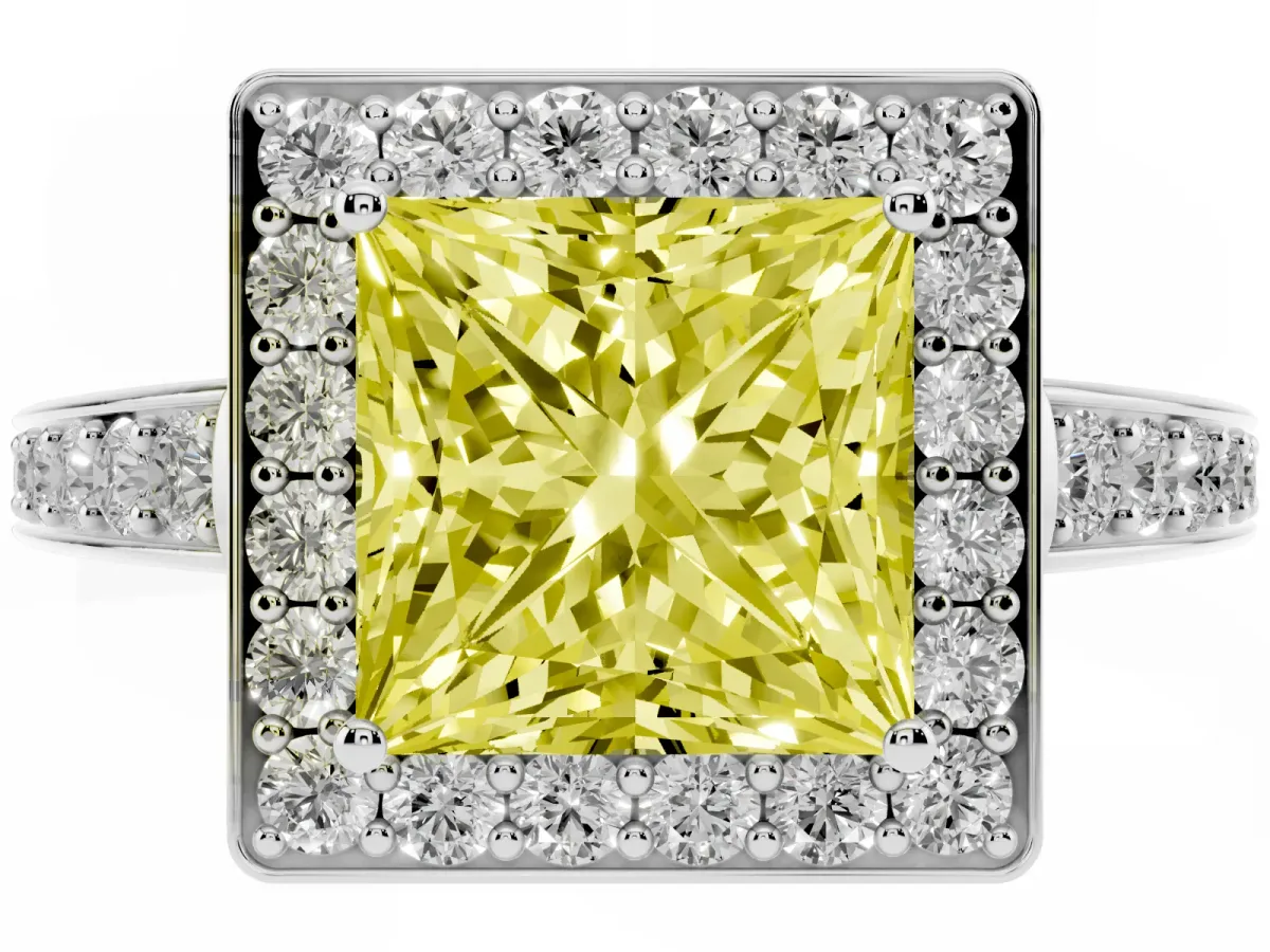 Fancy Yellow Princess Cut Halo Pavé Diamond Engagement Ring with Bezel Setting Silver
