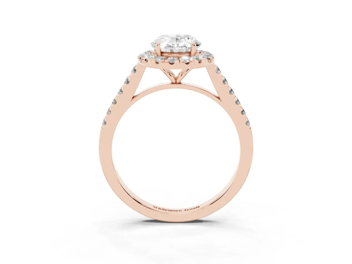 Oval Cut Halo Pave Diamond Engagement Ring with Four-Prong Setting Rose gold