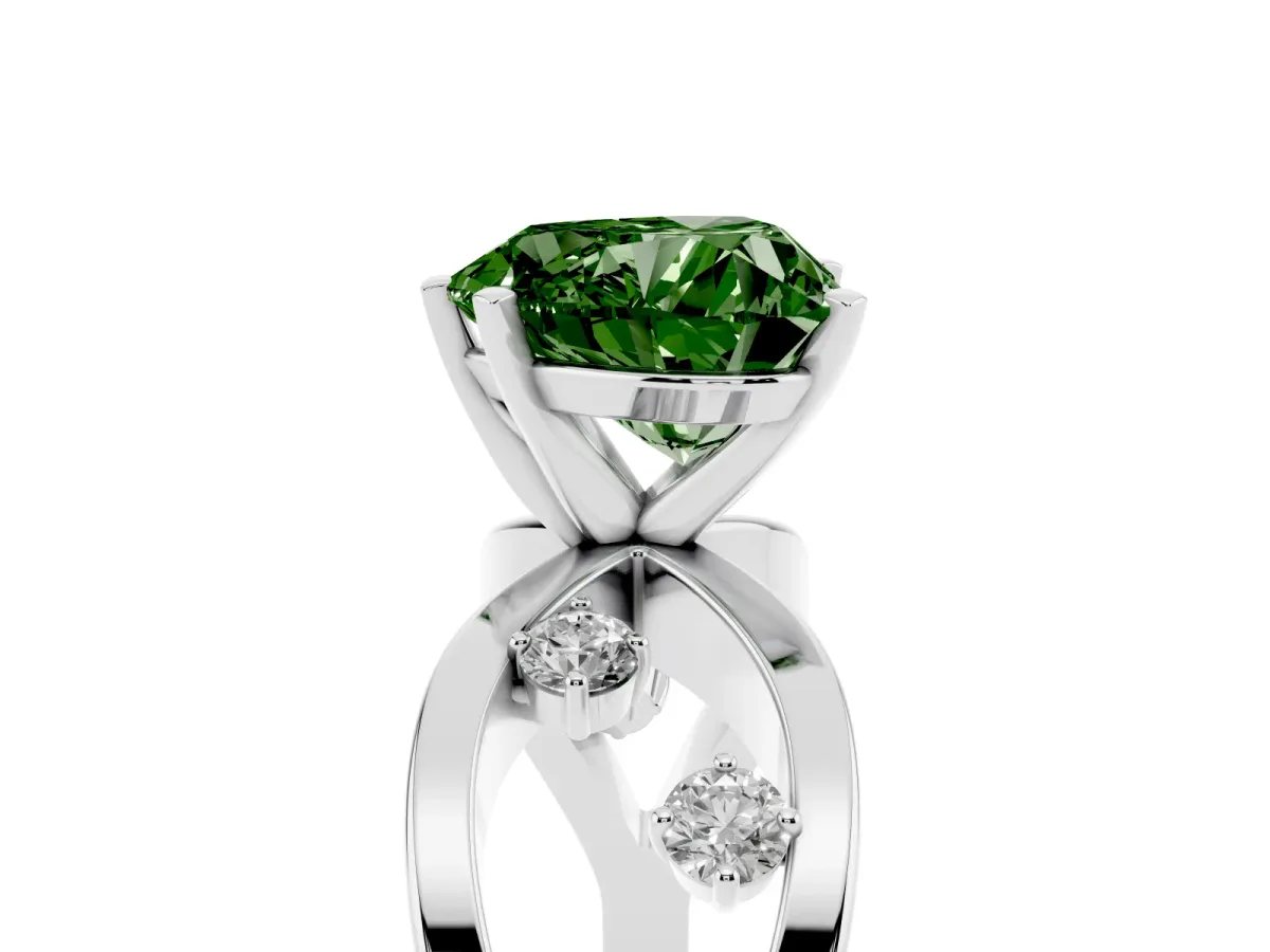 Fancy Green Heart Cut Cut Solitaire Diamond with Side Stones on Criss-Cross Band and Four-Prong Setting Platinum