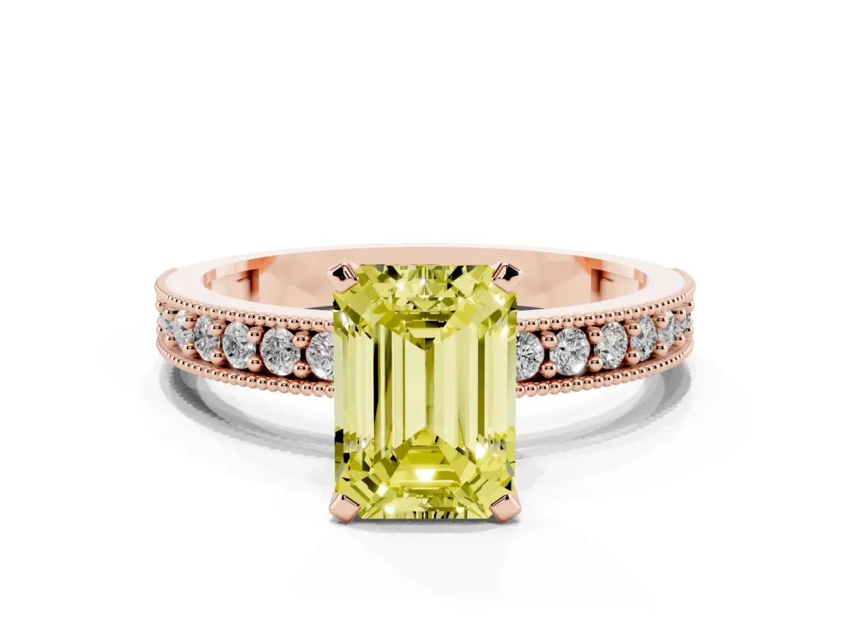Fancy Yellow Emerald Cut Diamond Milgrain Pavé Engagement Ring with Four-Prong Setting Rose gold