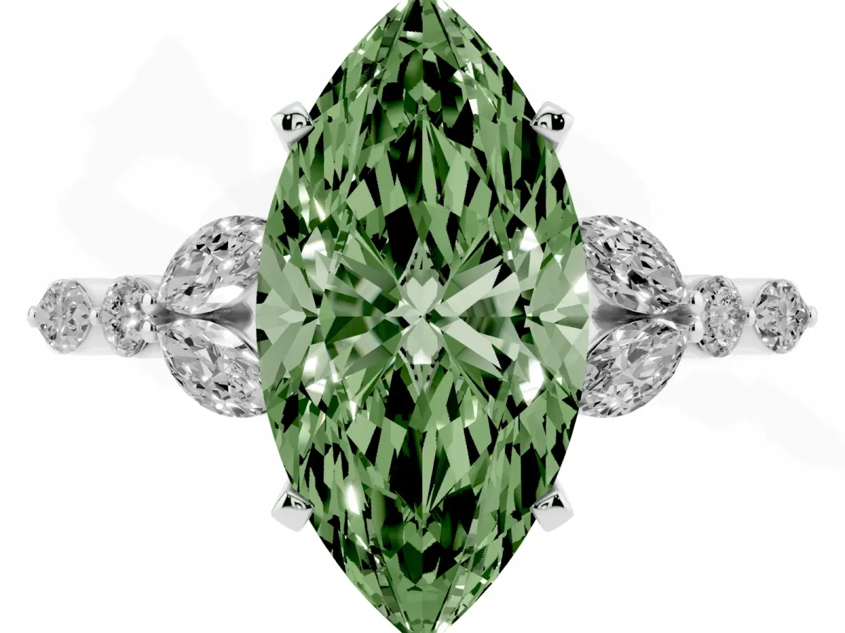 Fancy Green Marquise Cut Diamond Solitaire Ring with Side Stones and Four-Prong Setting Silver