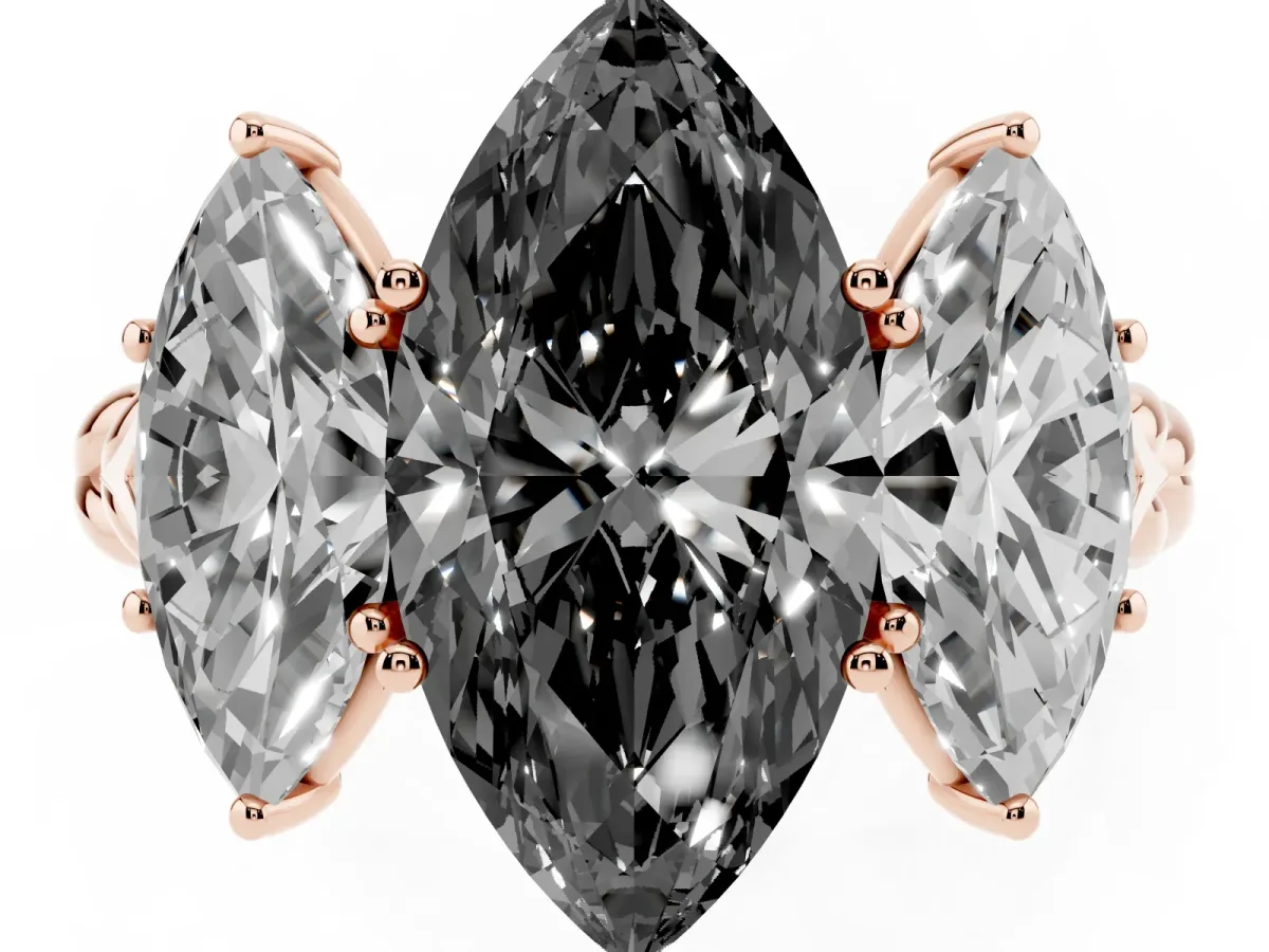 Fancy Black Three-Stone Marquise Cut Diamond Braided Band Ring with Four-Prong Setting Rose gold