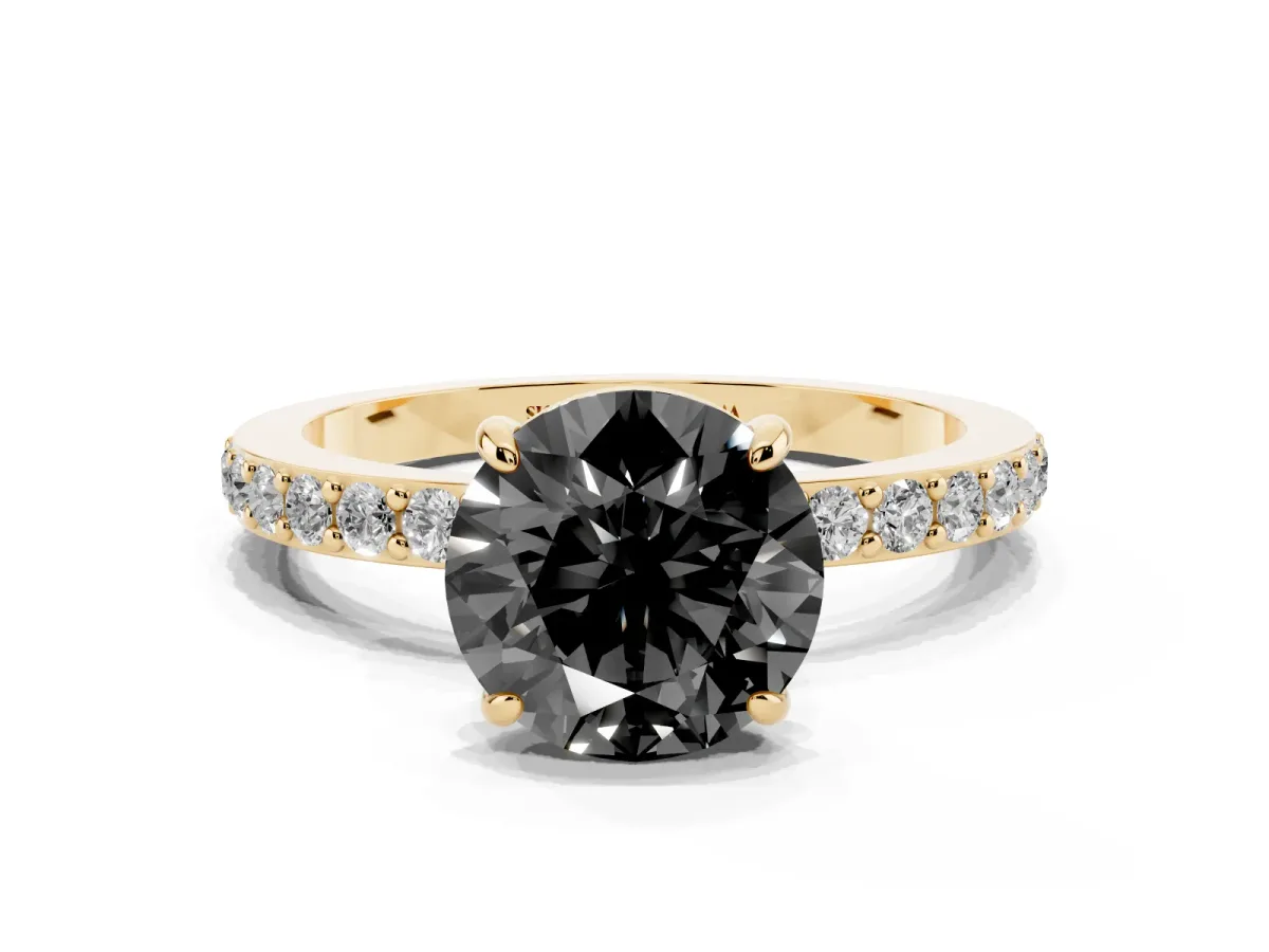 Fancy Black Round Cut Diamond Pavé Engagement Ring with Round Accents and Prong Setting Yellow gold